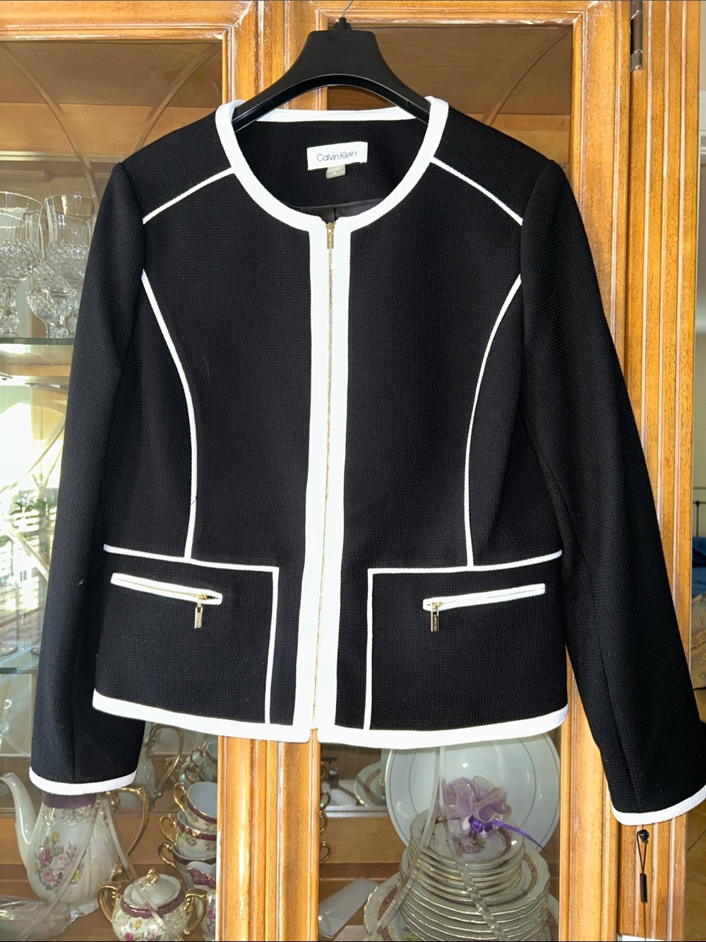 NWT Calvin Klein Black Jacket with White Trim and Zip Pockets
